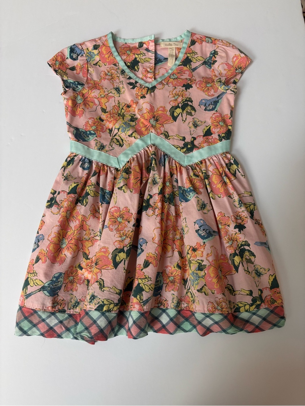 Matilda Jane Girls Size 4 Pink Floral Bird Dress Plaid Hem